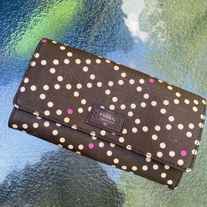 Fossil polka dot wallet trifold brown leather portfolio
